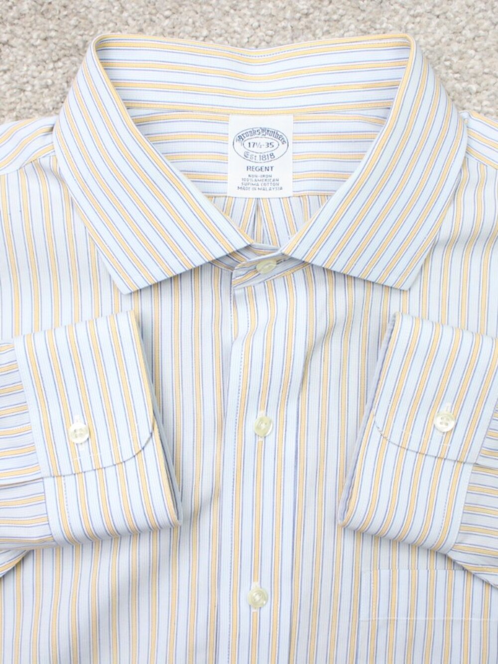 Brooks Brothers Shirt Mens 17 1/2, 35 Yellow/Blue Regent Non-Iron Supima Cotton